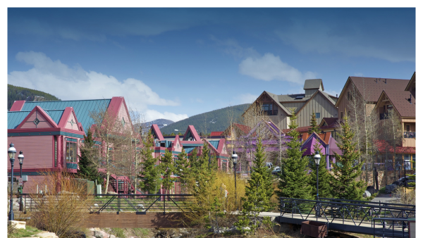 View of the downtown area in Breckenridge, Colorado by a walking bridge