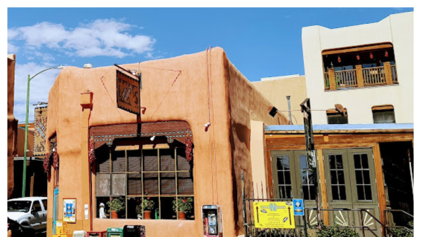 View of the exterior facade of Cafe Pasqual’s in New Mexico