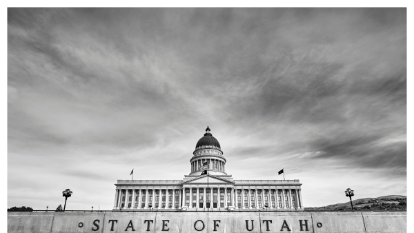 View of the exterior of the Utah State Capitol in black and white