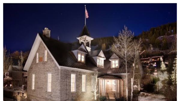 View of the exterior of the Washington School House Hotel at night