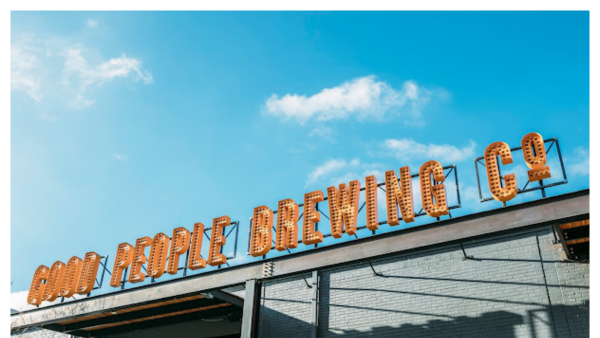 View of the exterior signage at Good People Brewing in Birmingham