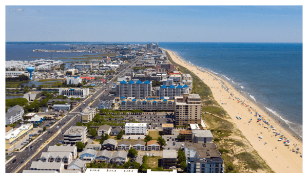 Aerial view of Ocean City Maryland and shoreline