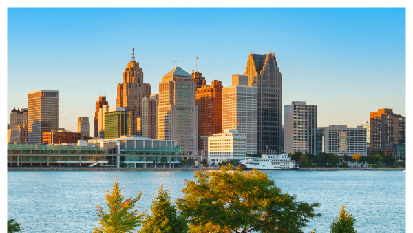 Distant view of the Detroit skyline by the river