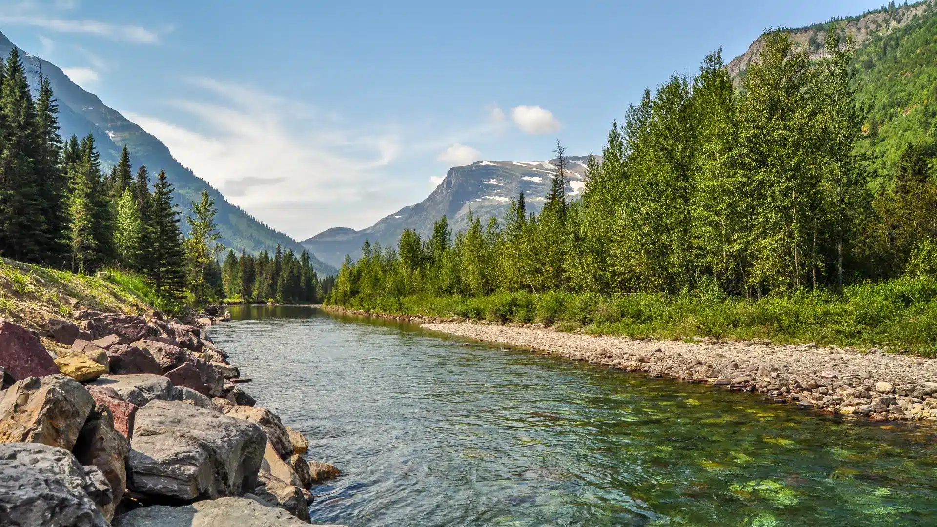 View of a river running through Glacier National Park in Montana