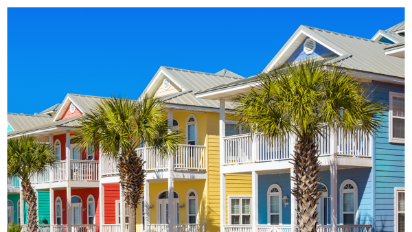 View of a row of colorful houses in Panama City Beach, FL