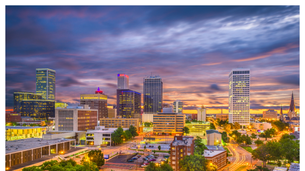 View of of the Tulsa, Oklahoma skyline during late sunset