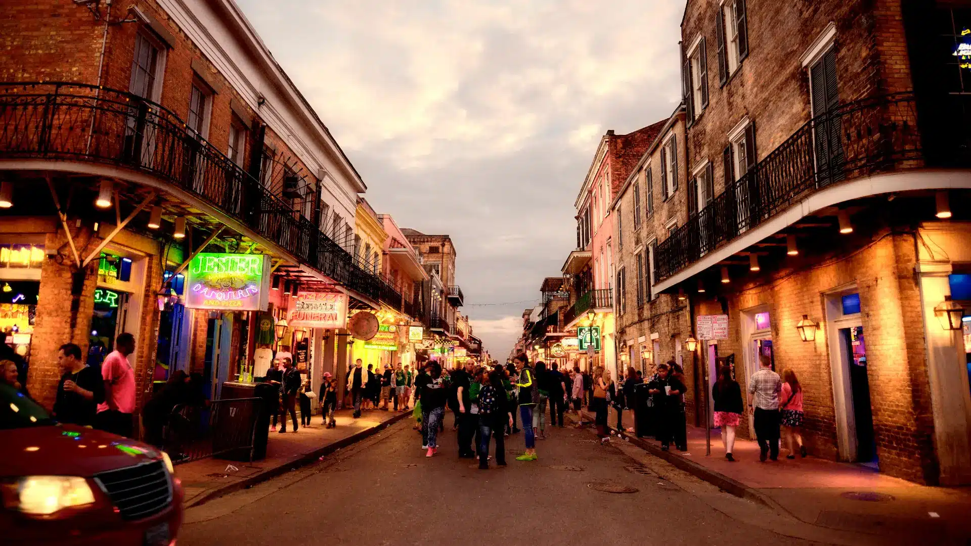 View of people in the French Quarter for Mardis Gras