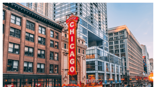 View of the Chicago theatre sign in downtown