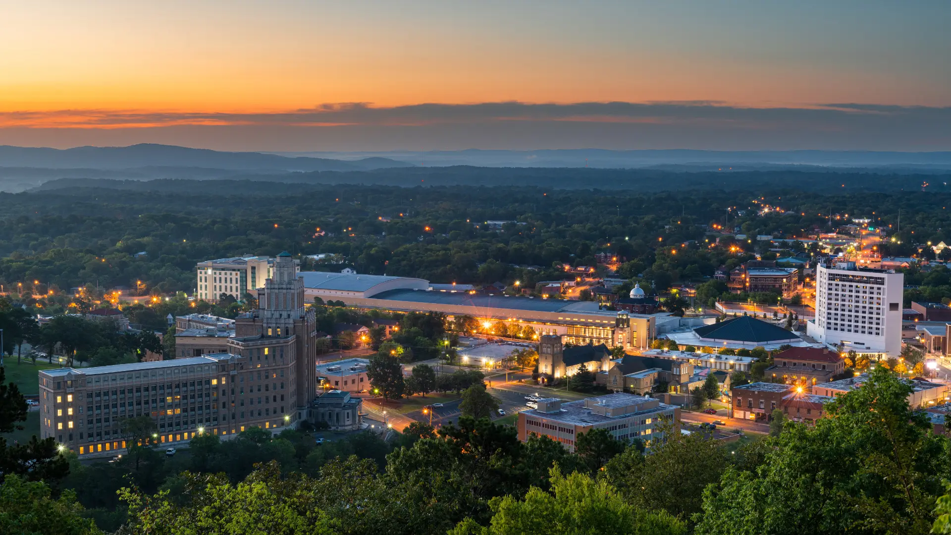 View of the Hot Springs Arkansas skyline during sunset