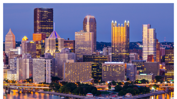 View of the Pittsburgh, Pennsylvania skyline during the sunset