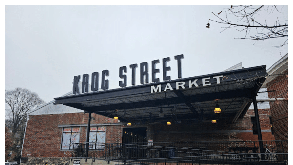 View of the facade at krog street market in Atlanta