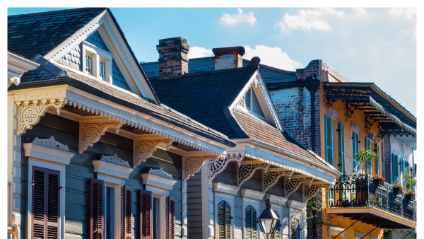 View of the facade of historic homes in the French Quarter